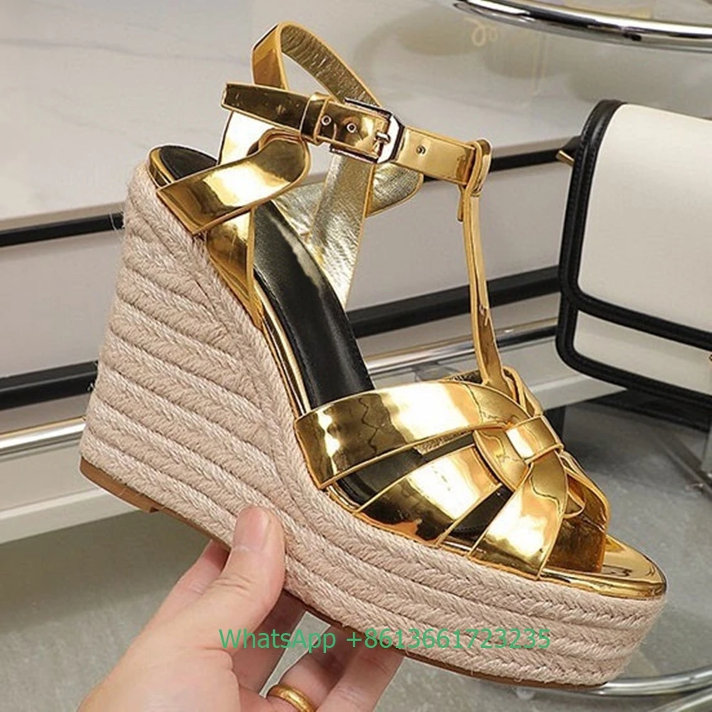 Cross Straps Open Toe Wedges Women Sandals Solid Color Open Toe Real Patent Leather Espadrilles Shoes Newest Summer 14cm Heels