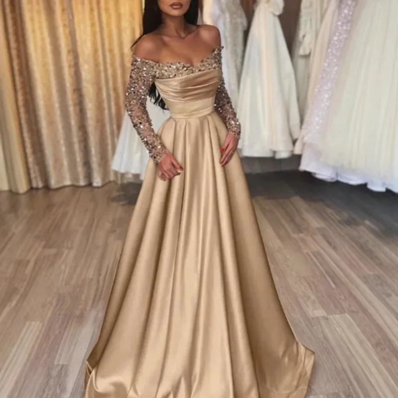 Long Sleeve Sequin Evening Gown Elegant Party Dress for Women 2026 Formal Prom Gown Glamorous Ball Gown Sparkly Night Dress