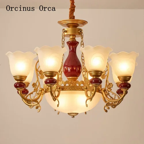 

European Retro Red Ceramic chandelier living room dining room bedroom American simple golden glass chandelier