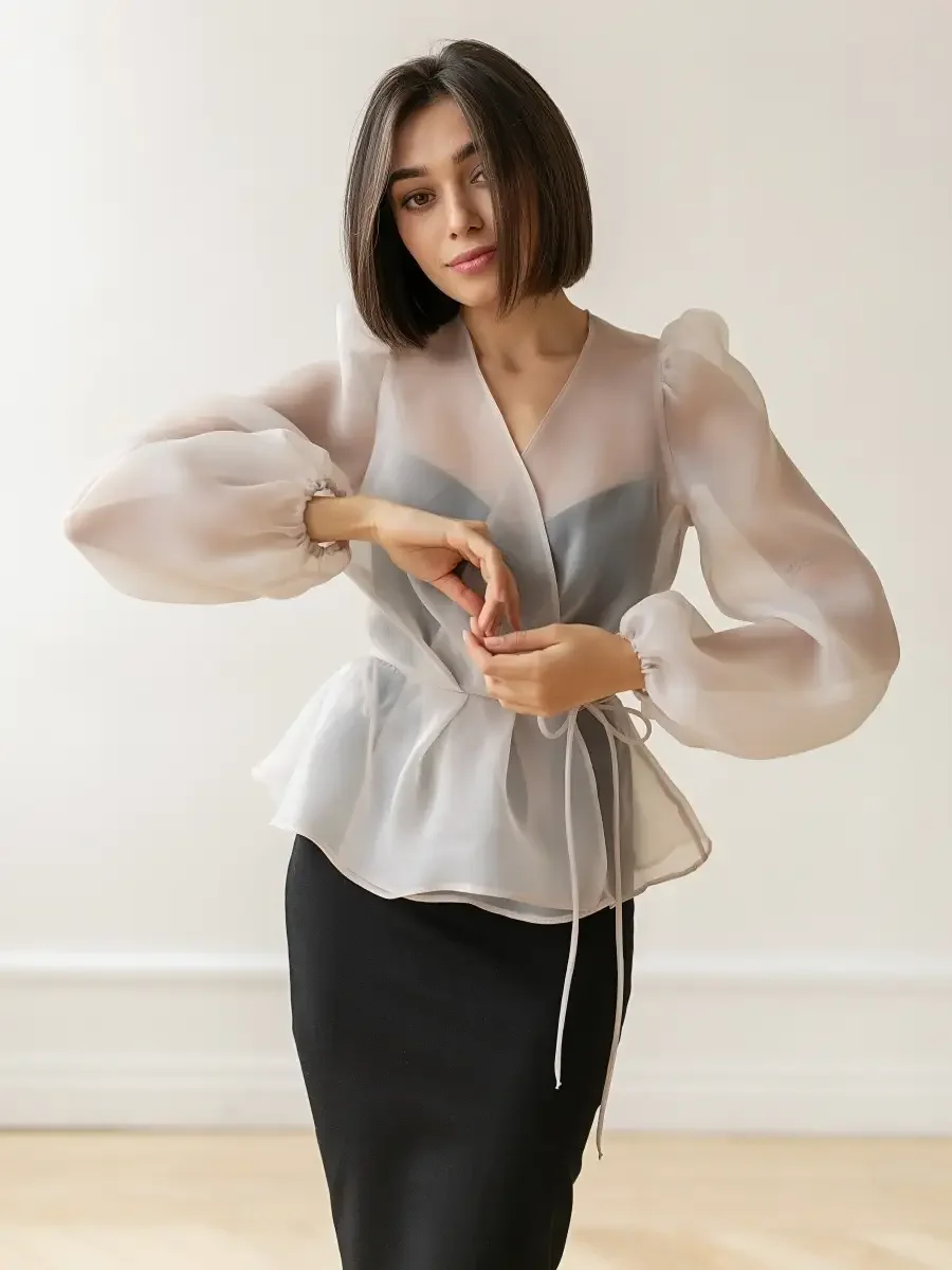 LIMO V Neck Wrap Organza Blouse Puff Bishop Sleeve Self Tie Waist Peplum Hem Sheer Slim Women Elegant See Through Shirt Top