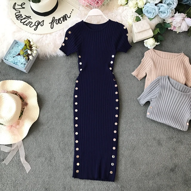 Szykowna dzianina O Neck Dwurzędowa obcisła sukienka z krótkim rękawem dla kobiet Elegancka koreańska moda Vestidos Letnia sukienka ołówkowa