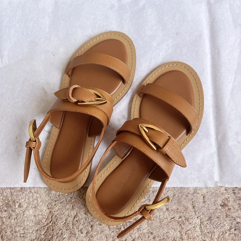 2024 Summer Sandals Women Shoes New Fashion Ladies Cowhide Sandal Retro Handmade Genuine Leather Flats Sandalias Femininas