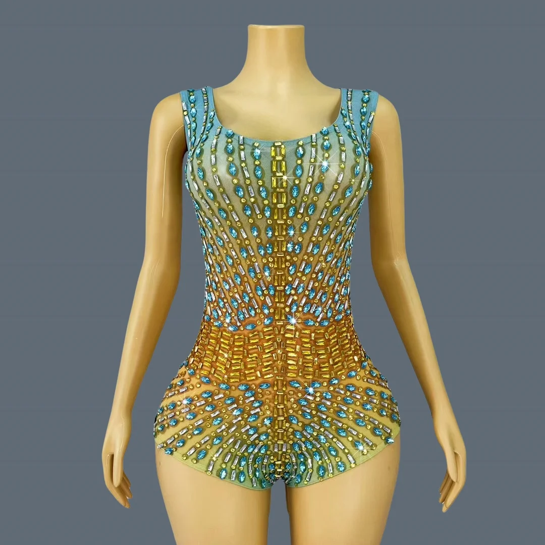 

New Sparkly Rhinestone Elastic Spandex Bodysuit Women's Club Bars Sexy Dance Show Crystals Vest Bodysuit Party Stage Wear Sitiao