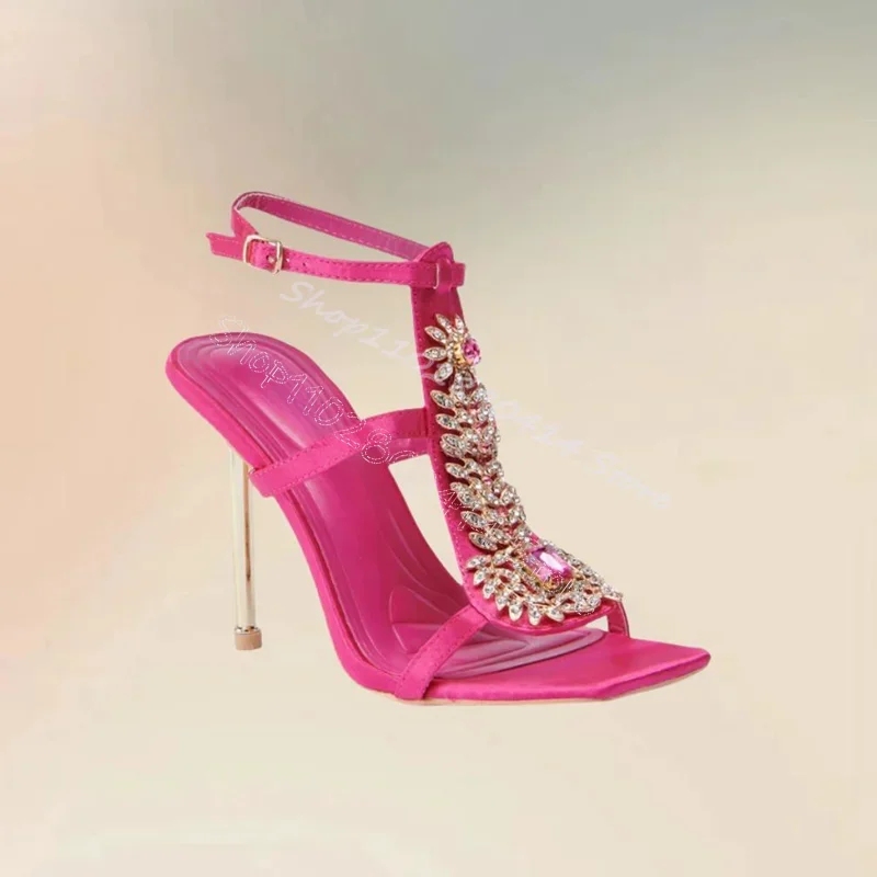 

Rose Red Crystal Flower Metal Heel Open Toe Sandals Buckle Strap Women Shoes Thin High Heels New Party 2024 Zapatos Para Mujere