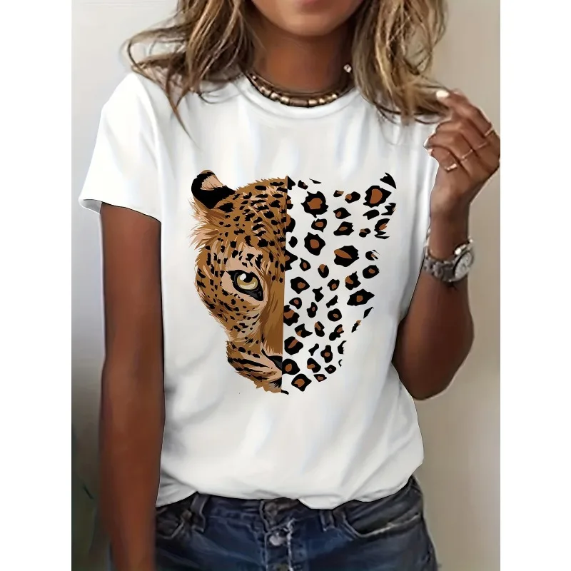 Women's Retro Leopard Print Tiger Print Animal Print T-shirt Short Sleeved Round Neck Casual Top Machine Washable Casual Y2K Top