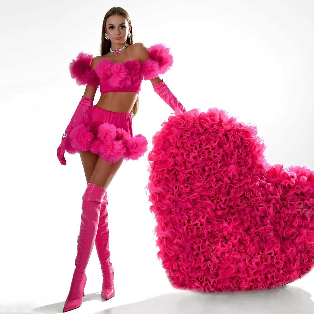 Glitter Two Pieces Short Hot Pink Tulle Cocktail Party Dresses 2 Pieces Cute Short Dress