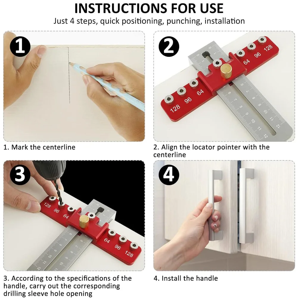 Cabinet Hardware Jig, Hole Spacing Cabinet Handle Template Tool Doweling Jig, Aluminum Alloy Punch Locator Drill Guide for Door