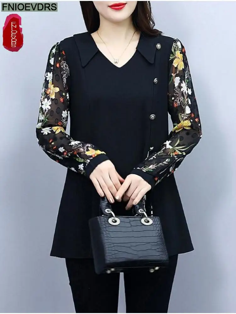 L-5XL Loose Clothes 2023 Women Autumn Elegant Ruffles Button Basic Shirts Retro Patchwork Black Floral Tunic Peplum Tops Blouses