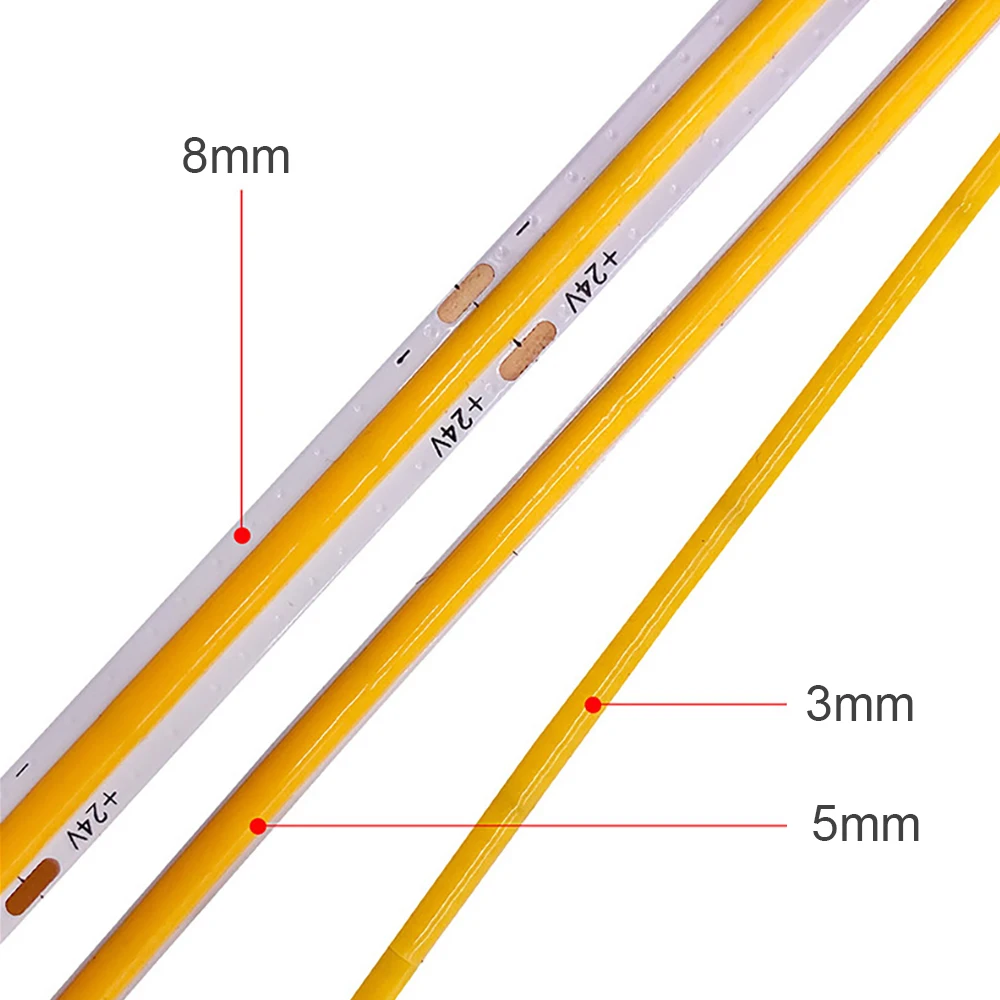 12V 24V 3mm 5mm PCB COB LED 스트립, 초박형 조명, 매우 밝은 384LED/m CRI90, 유연한 LED 테이프, 캐비닛 홈 라이너 조명용