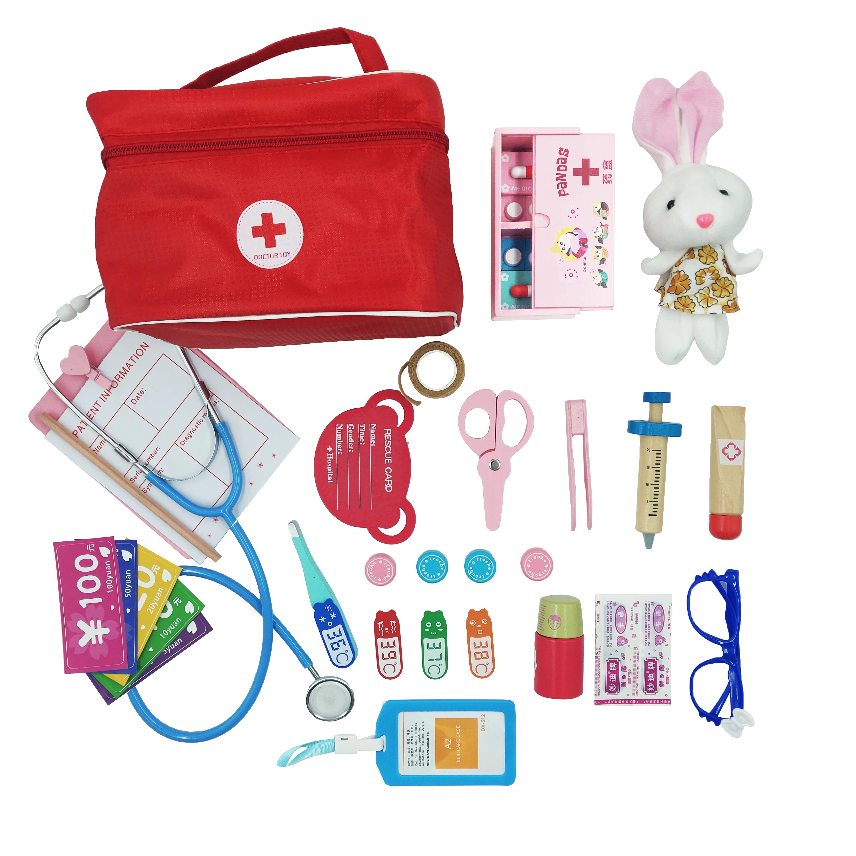 Juego de juguetes médicos para niños, Kit de juegos de simulación de madera para niñas y niños, caja de Medicina de dentista médica roja, bolsas de