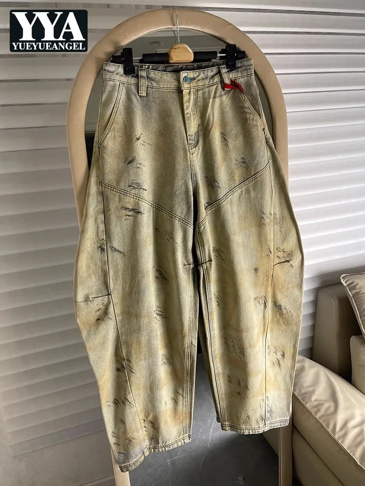 

High Street Мужская мода Свободные широкие брюки Винтажные джинсы Повседневные длинные брюки в стиле хип-хоп Новые потертые ковбойские джинсовые брюки