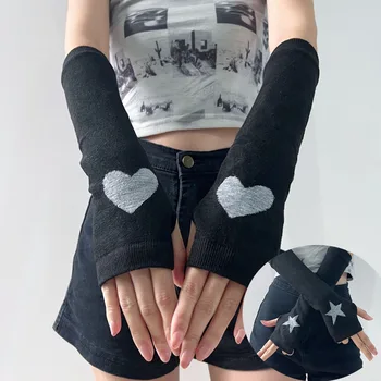 Y2K kore örme kol kol kapakları siyah yıldız aşk kol ısıtıcıları güneş koruyucu parmaksız eldiven kol koruma kızlar Punk Rock tarzı
