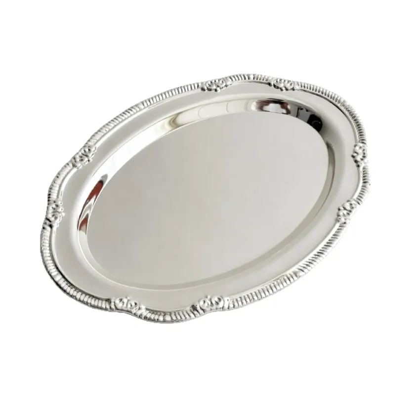 

Vintage Embossed Silver Tray Serving Platter For Desserts Jewelry Storage Organizer Snack Plate Dining Table Decoration