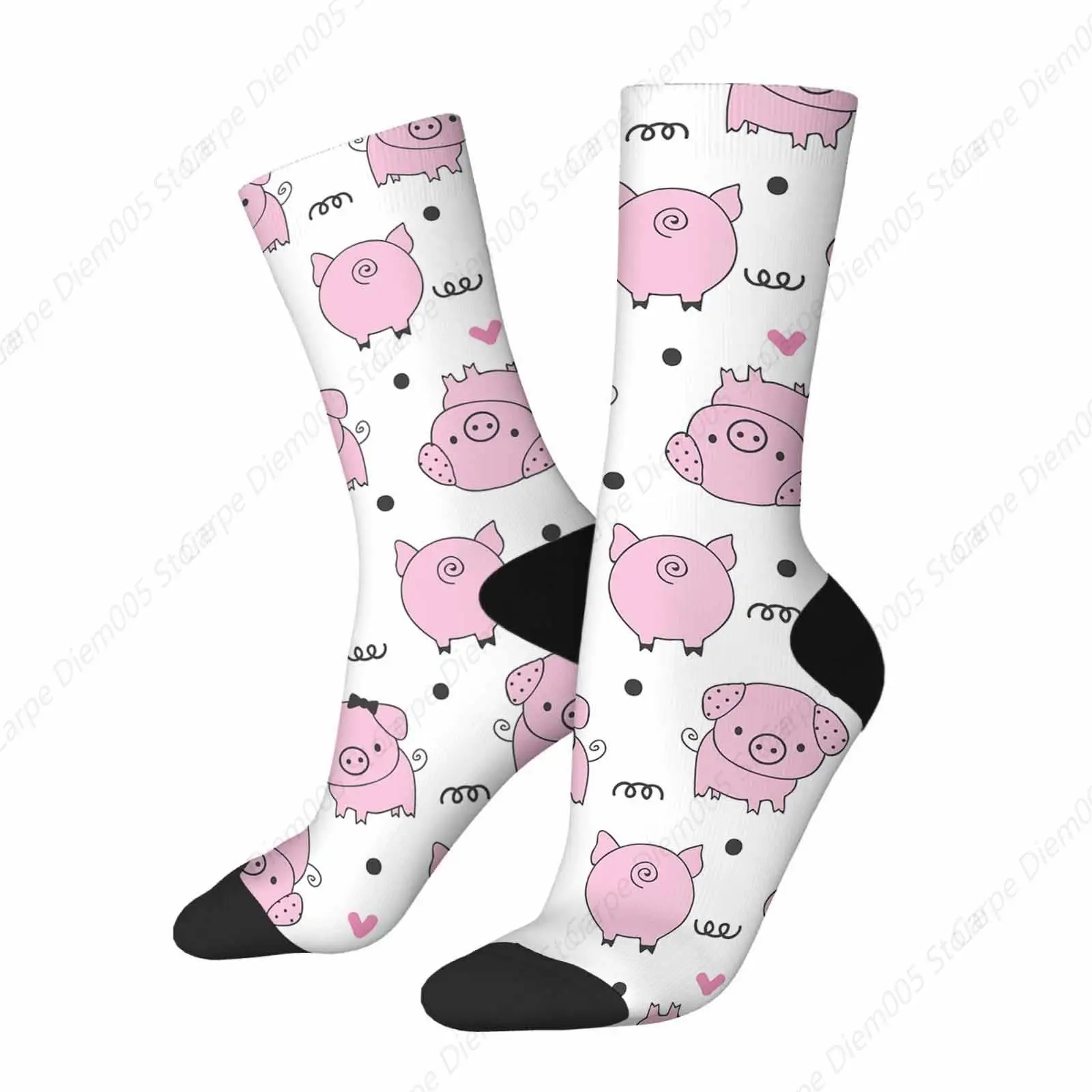 Pink Pig Funny Socks Animal Heart Dots Novelty Casual Crew Socks Contrast Color Design For Women Men Gift