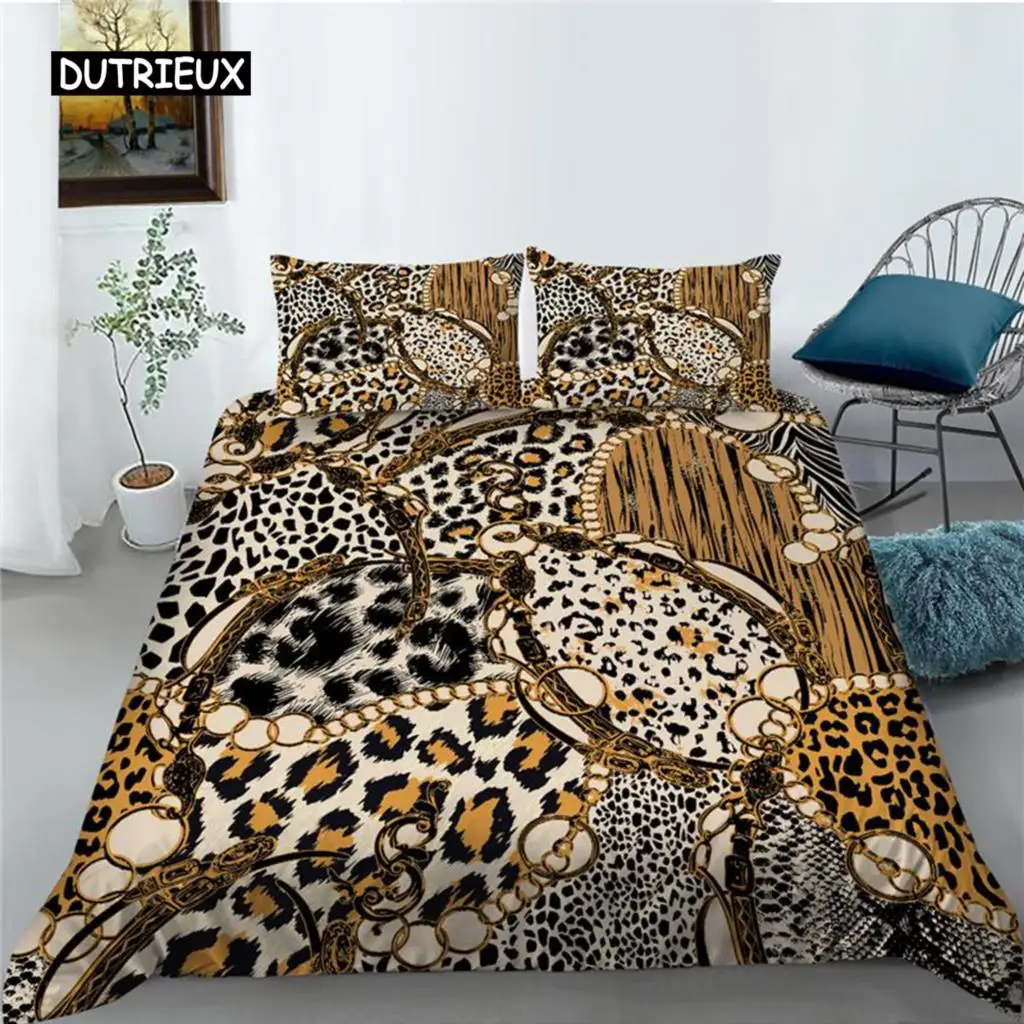 

Leopard Print Duvet Cover Set Microfiber European Retro Classic Printing Twin Bedding Set Leopard Gold Chain King Quilt Cover