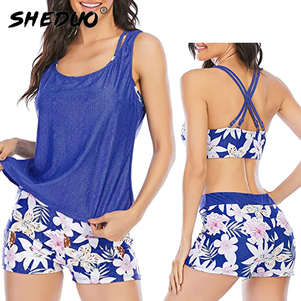 3 peça maiôs para mulher atlético tankini adolescente maiô controle da barriga roupa de banho modesto bodysuit com calções xltop wear