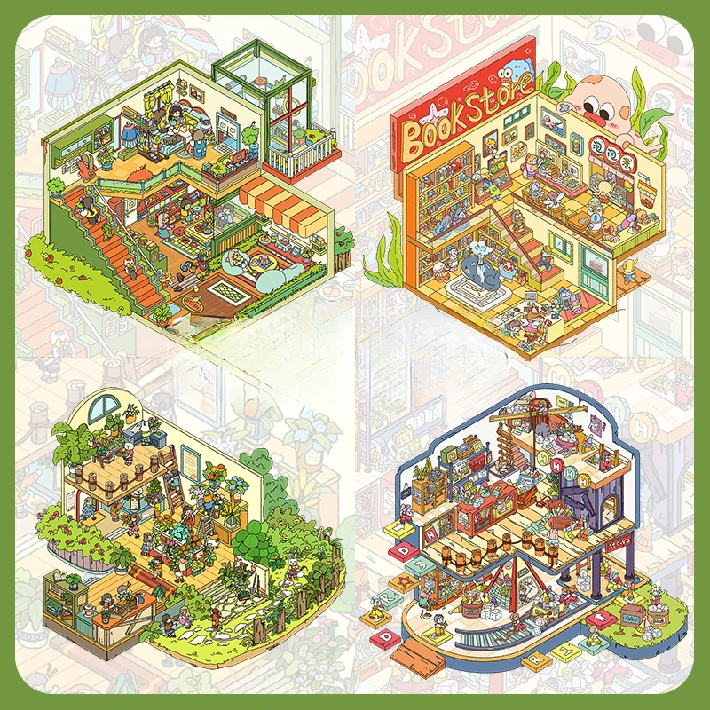 Naklejka krajobrazowa 3D miniaturowa scena Biblioteka przyjęcie herbaciane kwiaciarnia magazyn kolaż naklejki kawaii