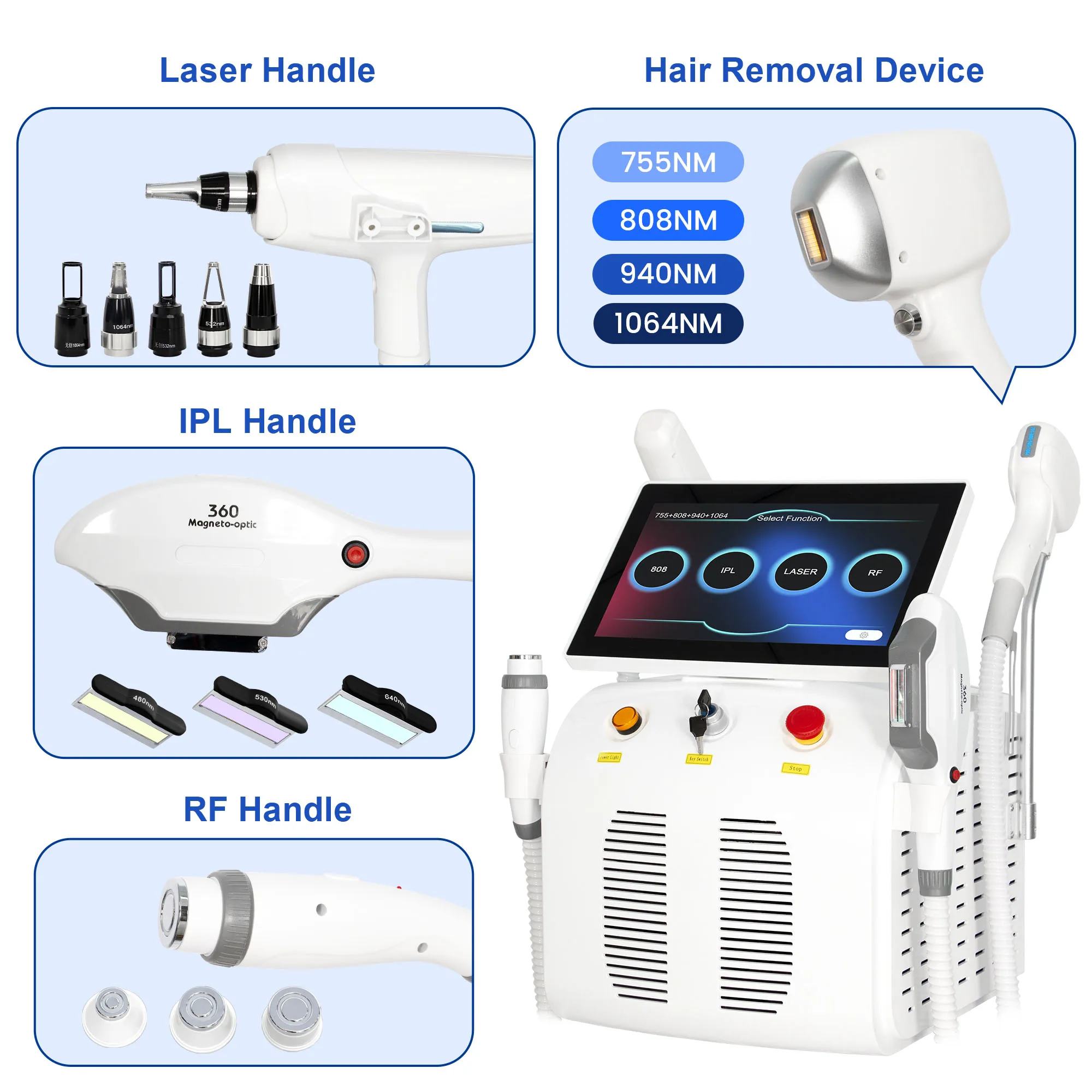 4in1 Soprano Titanium Ice Platinum RF Diode Laser 755 808 940 1064nm 4 Wave  ND:YAG Machine Painless Hair Removal Machine