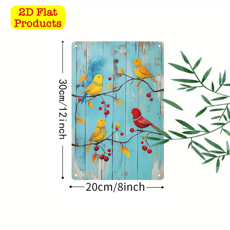 2D Flat, 1pc Vintage Berries & Birds on Branch Wall Sign - Frameless Suitable for Diners, Garages, Kitchens, Cafes - Bright Retr