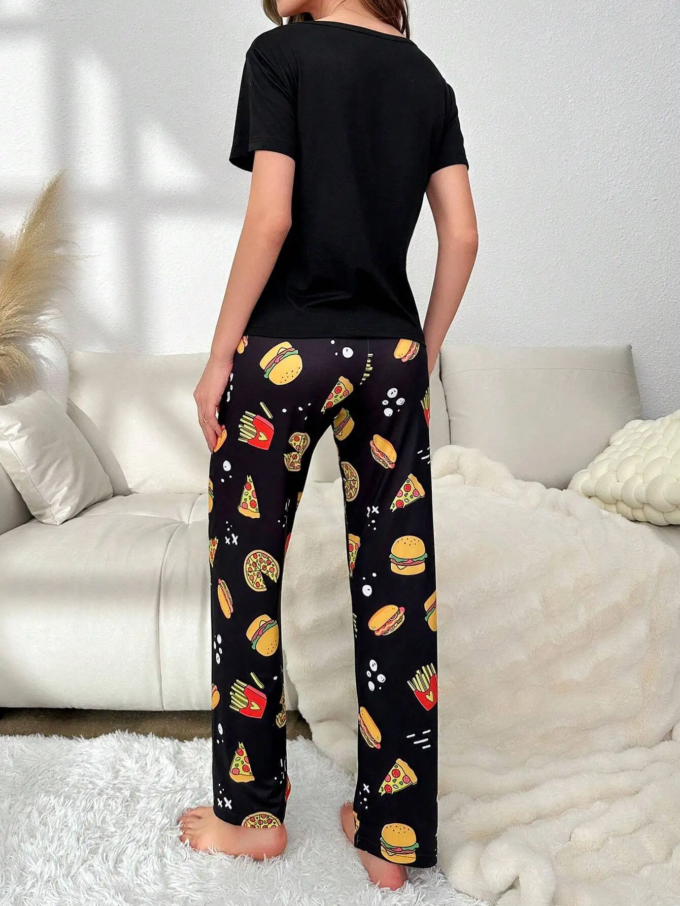 Women Pajama Set Cartoon Pizza Print Short Sleeves Crew Neck Top Allover Print Fast Food Icons Pants Summer Sleepwear Set Cute