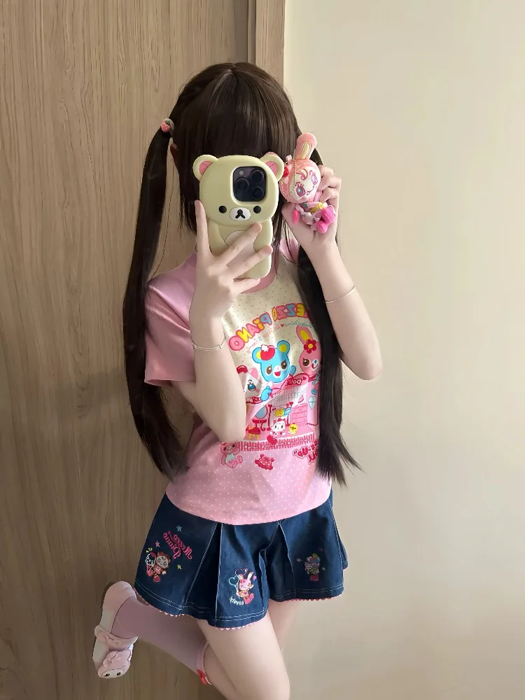 Sweet Lolita Bunny Bear Cat Polka Dot Casual Top Cute Daughter Clothing Japanese Cartoon Print Short Sleeve T-shirt