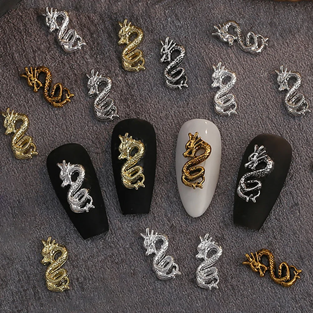 10Pcs Dragon Nail Charm Gold Silver Retro Alloy Nail Decoration Cute Cartoon Jewelry Accessories New Year 2024 Manicure Parts