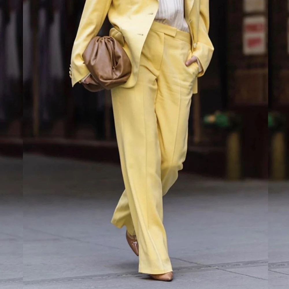 ที่กําหนดเองสีเหลือง 2 ชิ้นชุดผู้หญิงเดี่ยว Breasted เสื้อกางเกงชุดหลวม Fit สํานักงานชีวิตประจําวันเสื้อผ้าหญิง