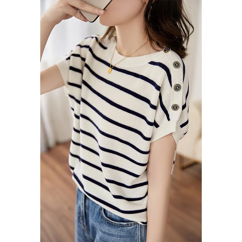 Fashion O-Neck Loose Button Knitwear Women New Summer Short Sleeve Striped T-Shirts Casual Vintage Korean Fashion Knitted Top