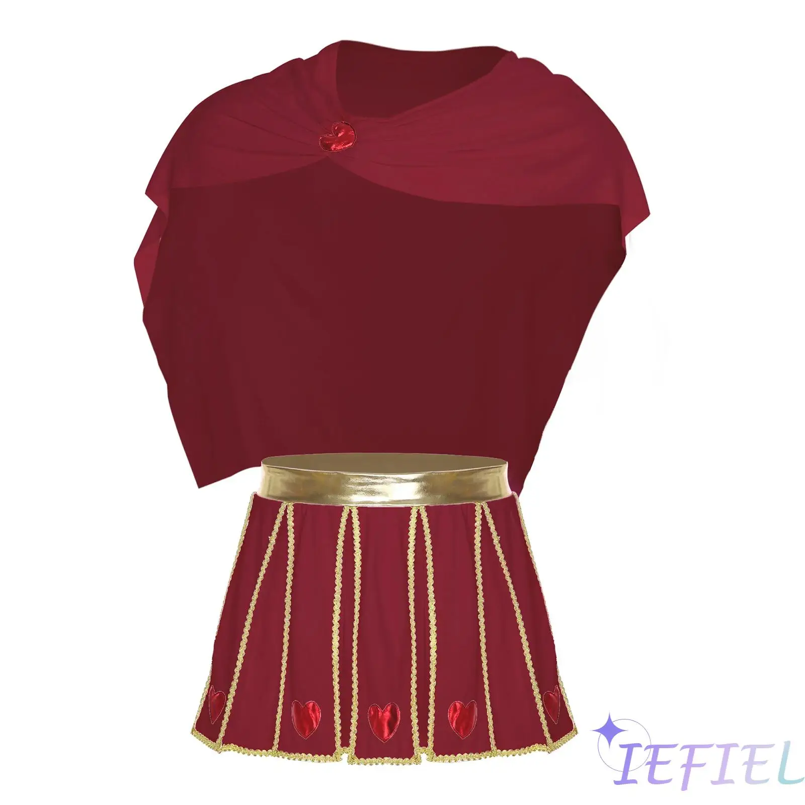 

Men God of Love Role-Playing Outfit Elastic Waistband Heart Pattern Gold Trim Pleated Skirt with Ruched Cape for Halloween Party