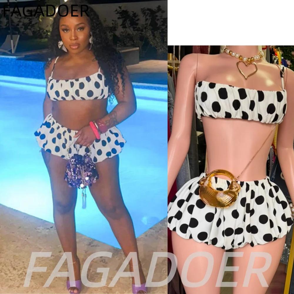 FAGADOER Ensemble deux pièces rétro à pois, haut court froncé à fines bretelles + short bouffant, tenues pour femmes, costumes de vacances