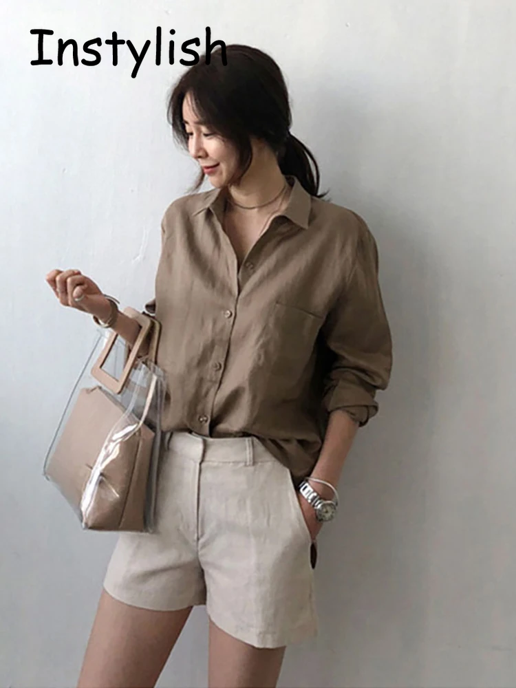 Leisure Long Sleeve Cotton Linen Loose Shirt Women Spring Summer Vintage Harjauku Streetwear Oversized Blouse Elegant Top Tunics