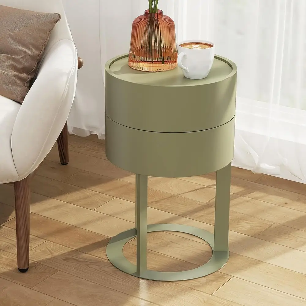 Round End Table with Storage, Rotating Nightstand, Green | Easy Legs-Only Assembly, Hidden Double-Layer Storage, Minimalist Acce