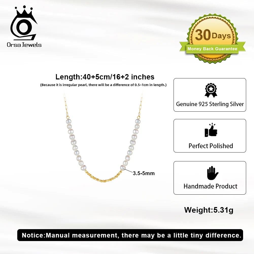ORSA JEWELS 14K Gold Nugget Chain Necklace 925 Sterling Silver Cultured Freshwater Pearl Necklace Vintage Jewelry for Women GPN6