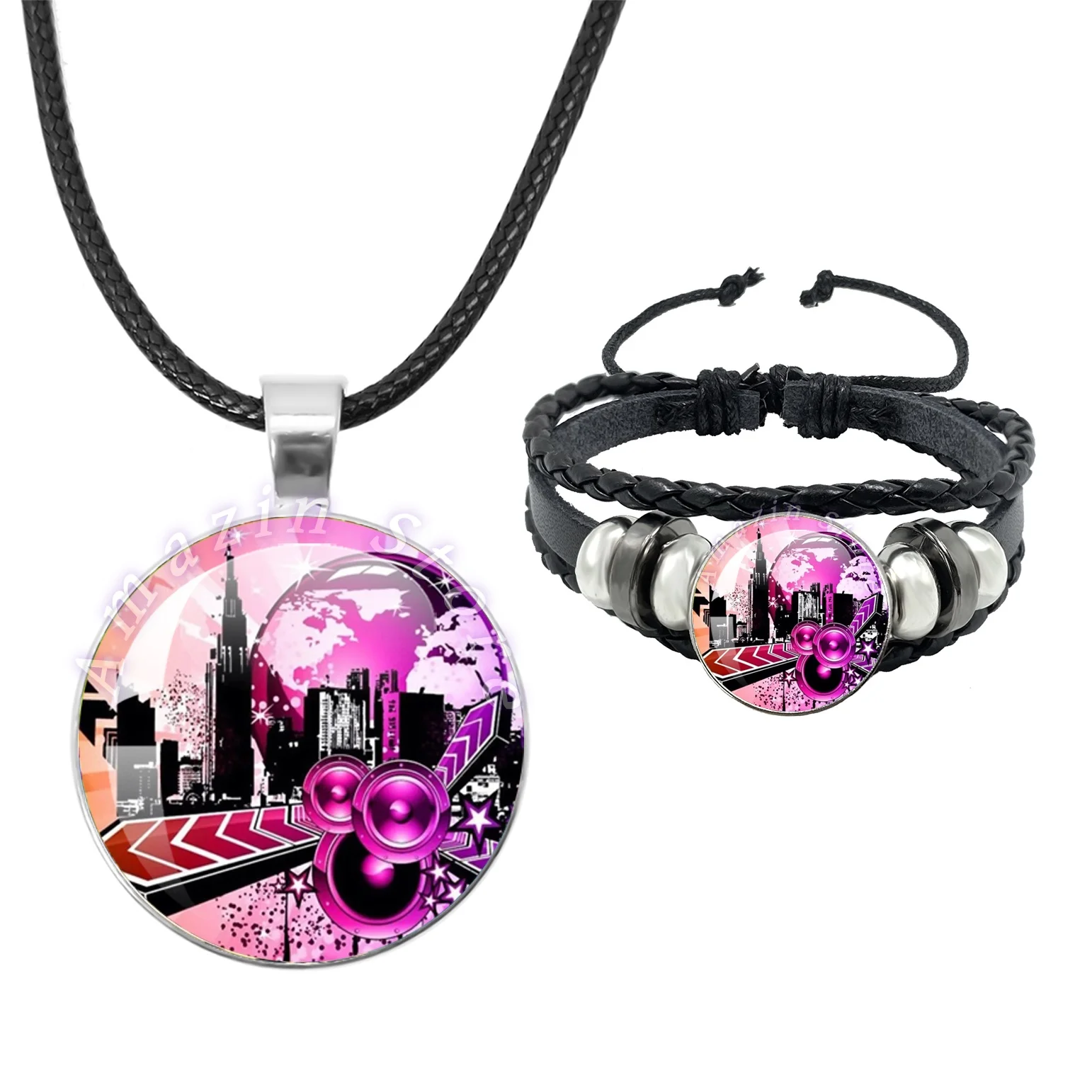 Frutiger Metro Glass Cabochon Pendant Leather Rope Necklace Set Pink Graffiti Pendant Bracelet Necklace Pendant Gift Set