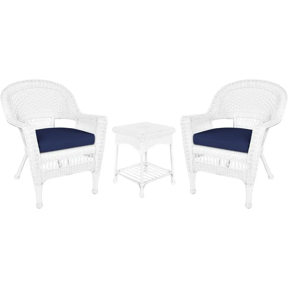 

3-Piece Wicker Patio Set in White with Blue Cushions