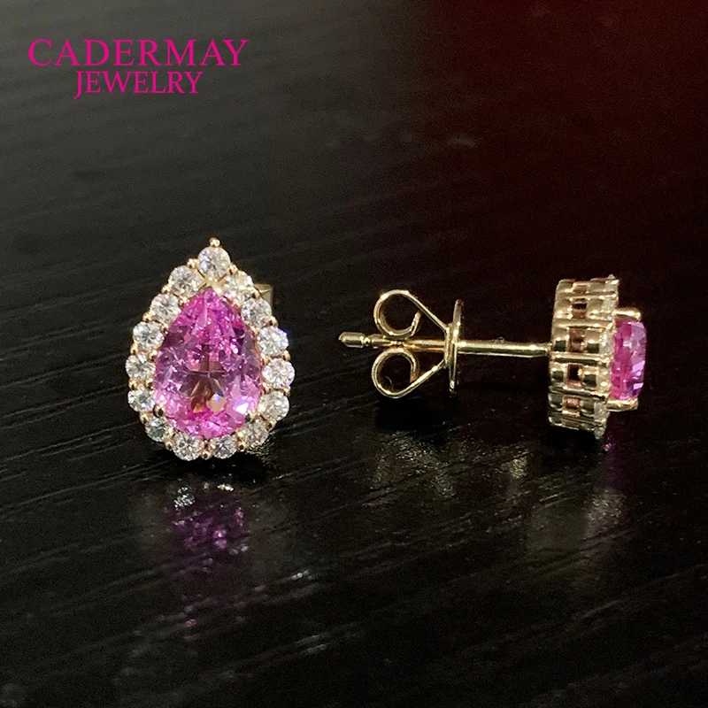 Cadermay Pink Lab Grown Sapphire Stud Earrings 9K Gold Halo Moissanite Earrings Fine Jewelry for Women Wedding Party Gift