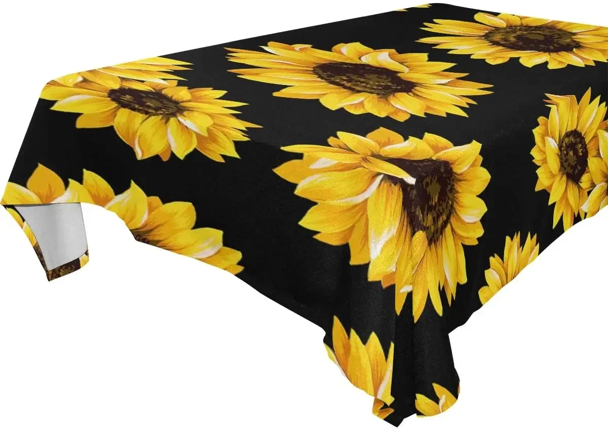 Yellow Blooming Sunflowers Black Polyester Modern Printed Stain Wrinkle Resistant Table Cloth Durable Table Cover Dining Room