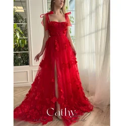 Cathy Red Prom Dresses Flora Appliques Vestidos De Noche Spaghetti Strap Sleeveless Lace-Up Back Sexy Side Split Birthday Dress