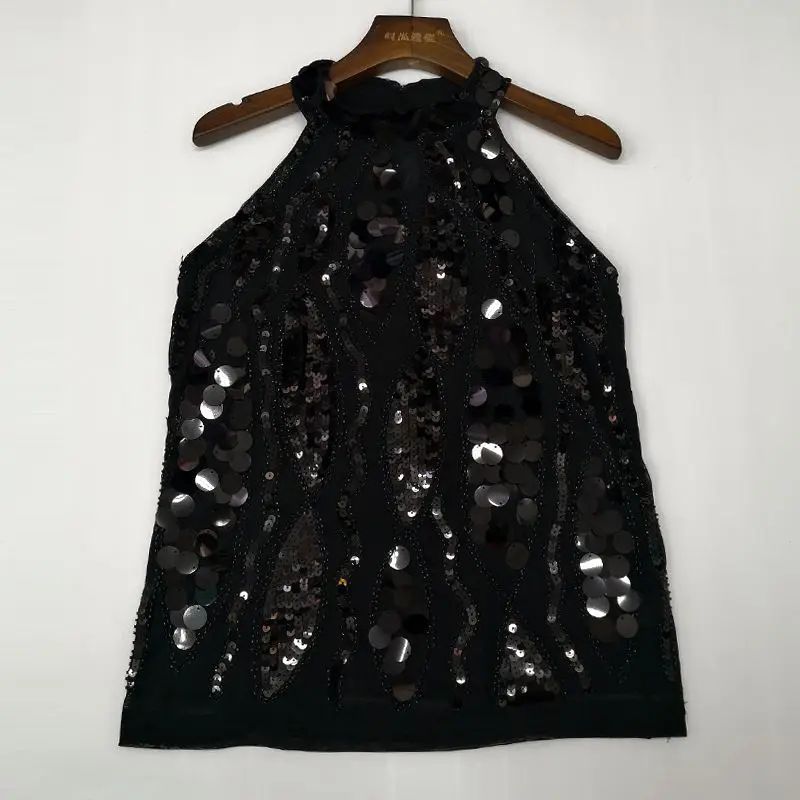 Faionable-ropa de rendimiento con adornos pesados para mujer, Tops sexys con lentejuelas colgantes, transfronterizos