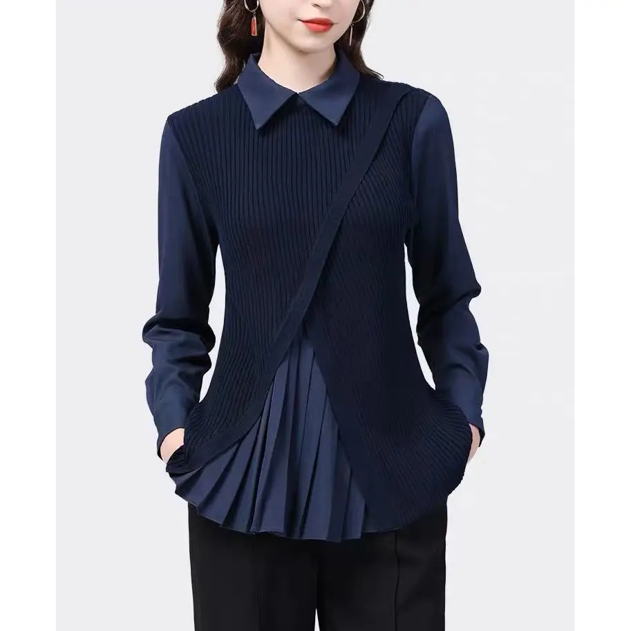 

5Blouses for Women Autumn 2024 French Style Fake Two Piece Long Puff Sleeve Tops Elegant Lady Shirts Camisas De Mujer D396