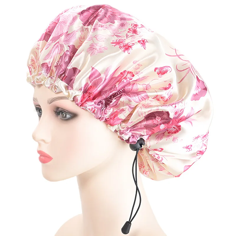 Women Double Layer Waterproof Shower Cap Floral Print Adjustable Double-Layer Elastic Hair Cap Bathing Accessory
