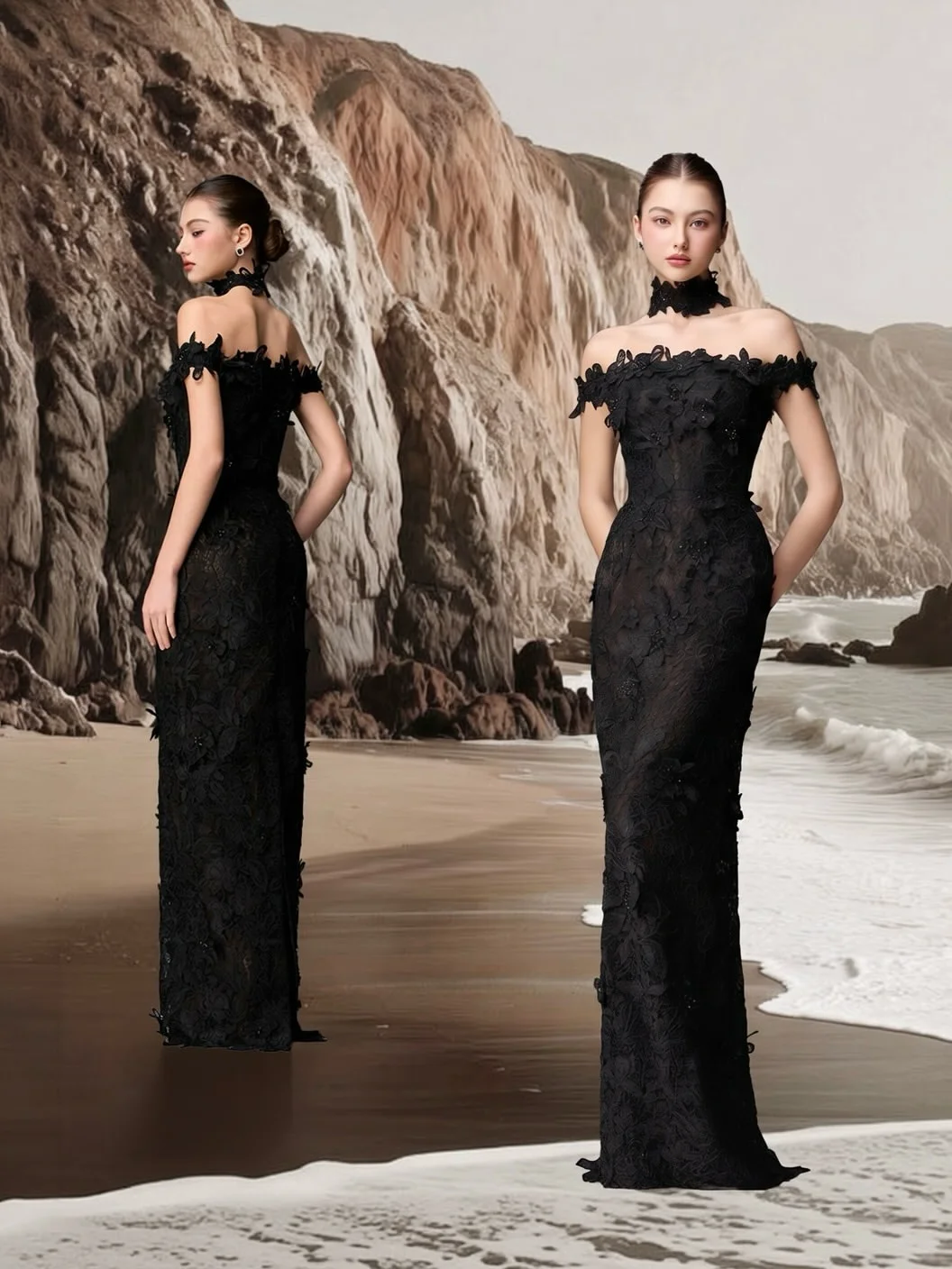 Black Off‑Shoulder Floral Lace Mermaid Evening Dress Women Long Formal Prom Wedding Guest Party Maxi Gown