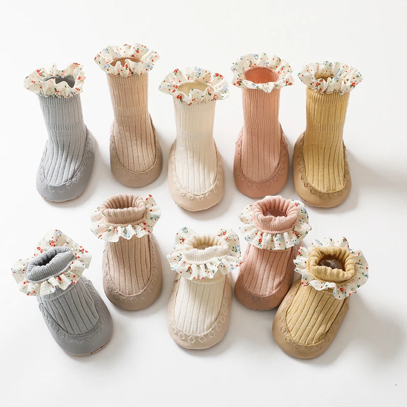 2023 Baby Girls Spring New PU Sole Floor Socks Non-Skid Infant Toddler Lace Socks Shoes Princess High Quality Cotton Baby Shoes