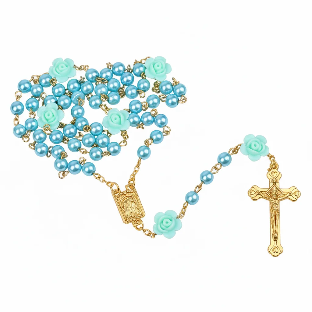 Religiöse Rosenkranz-Halskette für Damen, Kreuz-Anhänger, 6 mm lange Glasperlen, Rosenkette, Choker, weiblicher Gebets-Schmuck, Geschenk. – Detail 4