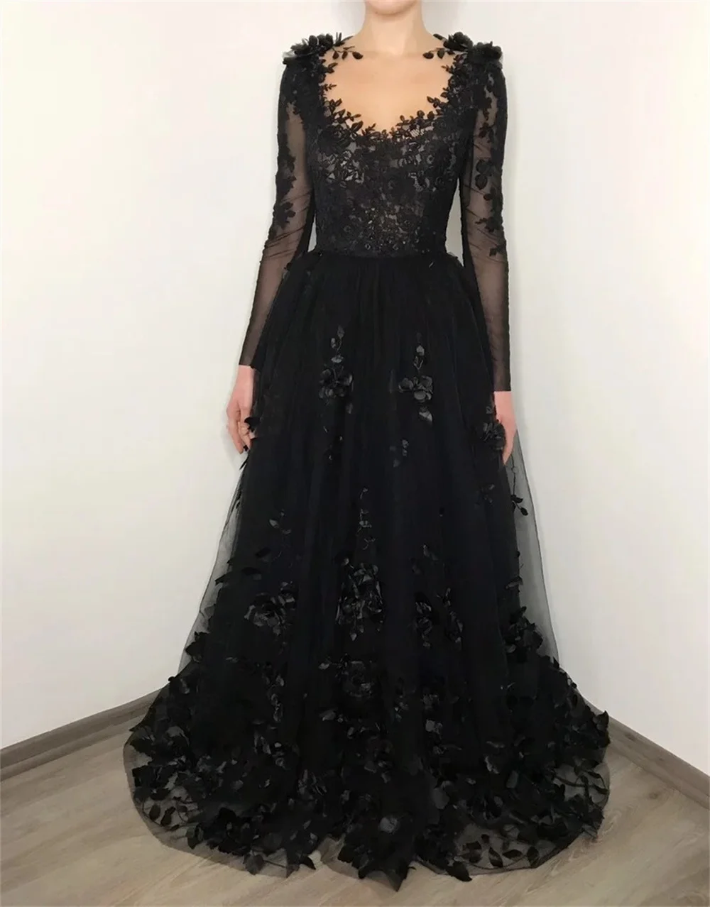 Amanda Luxury Lace Embroid Prom Dress Sexy Long Sleeve A-line فساتين السهرة Black 3D Flower Embroid Vestidos De Noche