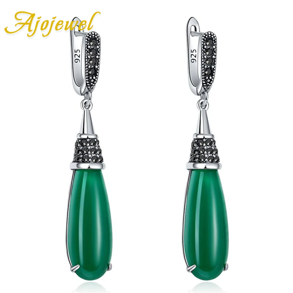 Ajojewel Green Stone Vintage Earrings Woman Old Style Silver-color Hollow Design Ear Drops With 925 Mark