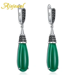 Ajojewel Green Stone Vintage Earrings Woman Old Style Silver-color Hollow Design Ear Drops With 925 Mark