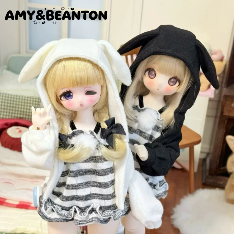 BJD MDD 1/4 Doll Clothes Fit For Normal 1/4, Chubby 1/4 Body Dolls Costume Bunny Ear Outerwear Strap Dress Socks 3Pcs Outfit Set