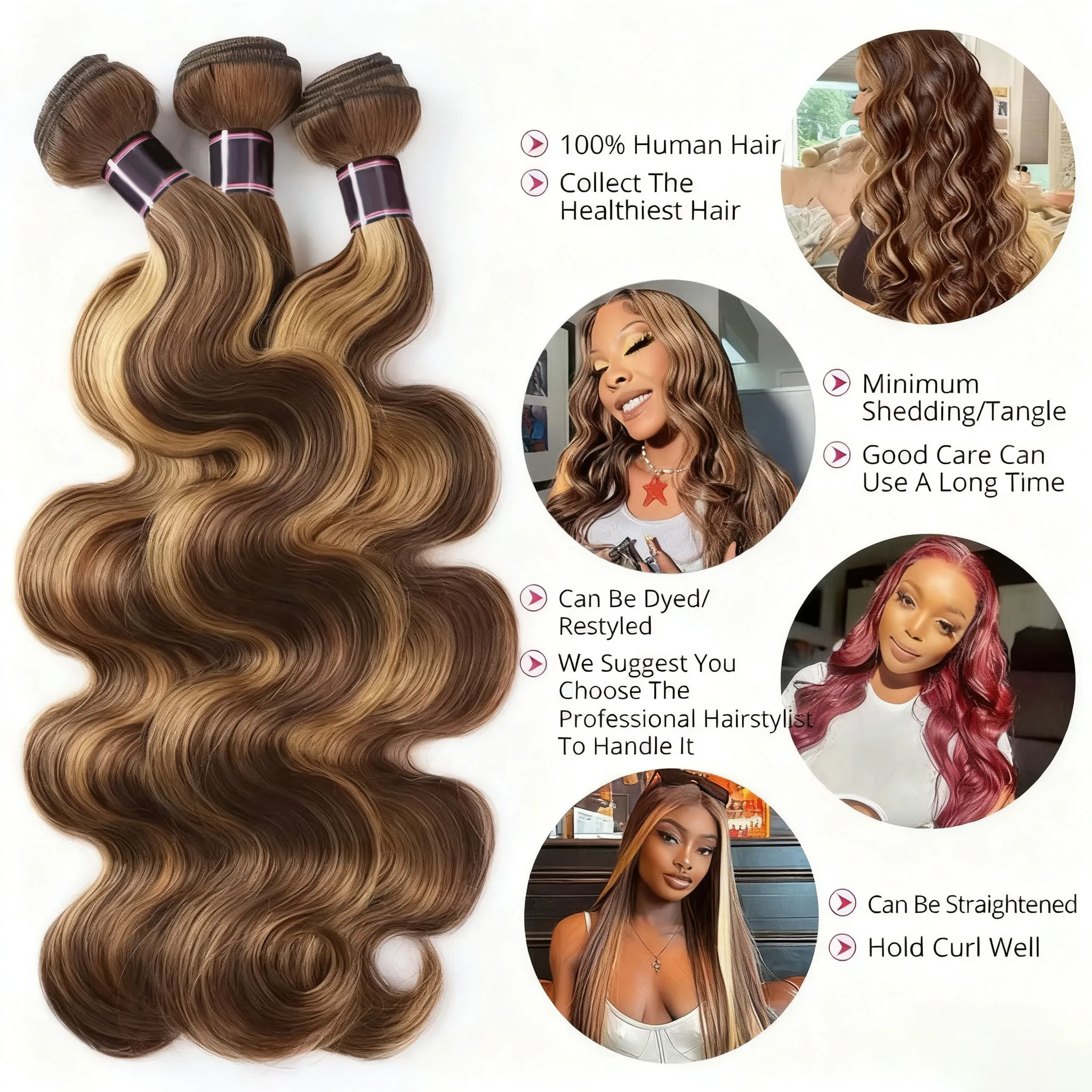 

Пучок бирманских вьющихся человеческих волос Mossily Highlight Raw Virgin Colored # 4/27 Water Wave 3/4 Bundles Extensions Пропозиции Уток Tissage
