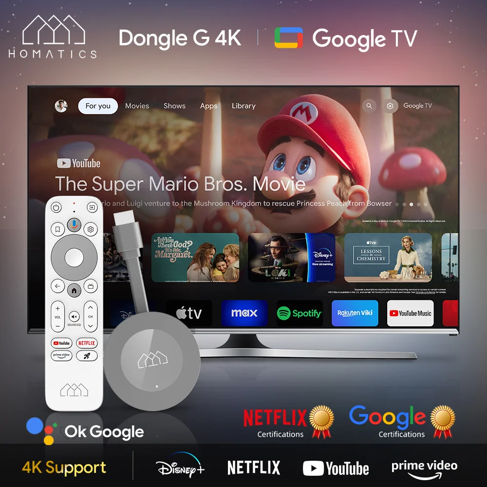 HOMATICS Dongle G 4K Google & Netflix Certified TV Stick 2GB 32GB Google TV 11 OS Support AV1 4K H.265 Dolby Atmos  2T2R Wifi BT